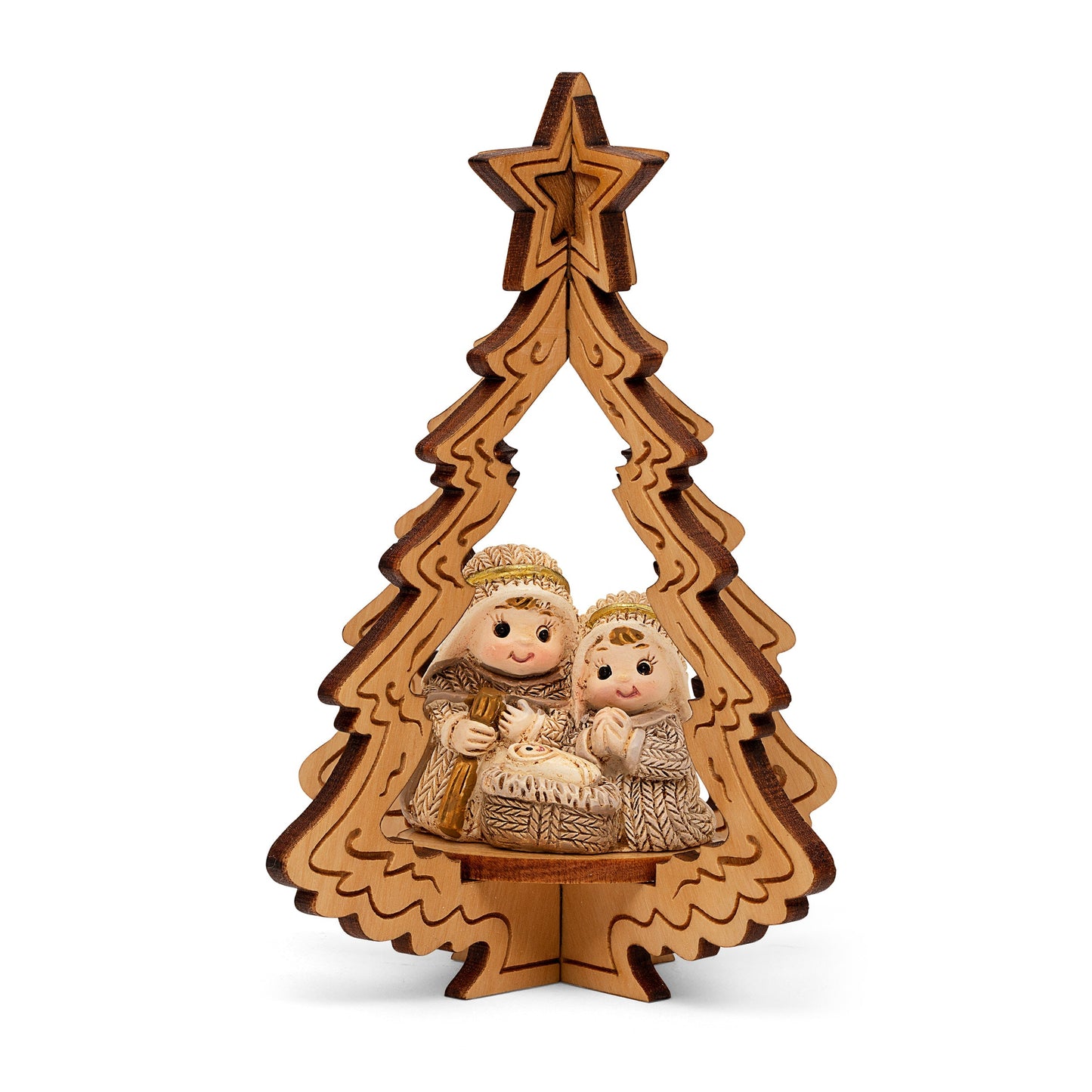Mondo Cattolico 12 cm (4.72 in) Wooden Christmas Tree With Resin Nativity Scene
