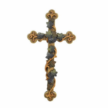 MONDO CATTOLICO 16 cm (6.30 in) Wooden Cross With Grapes Leaves and Vine-shoots