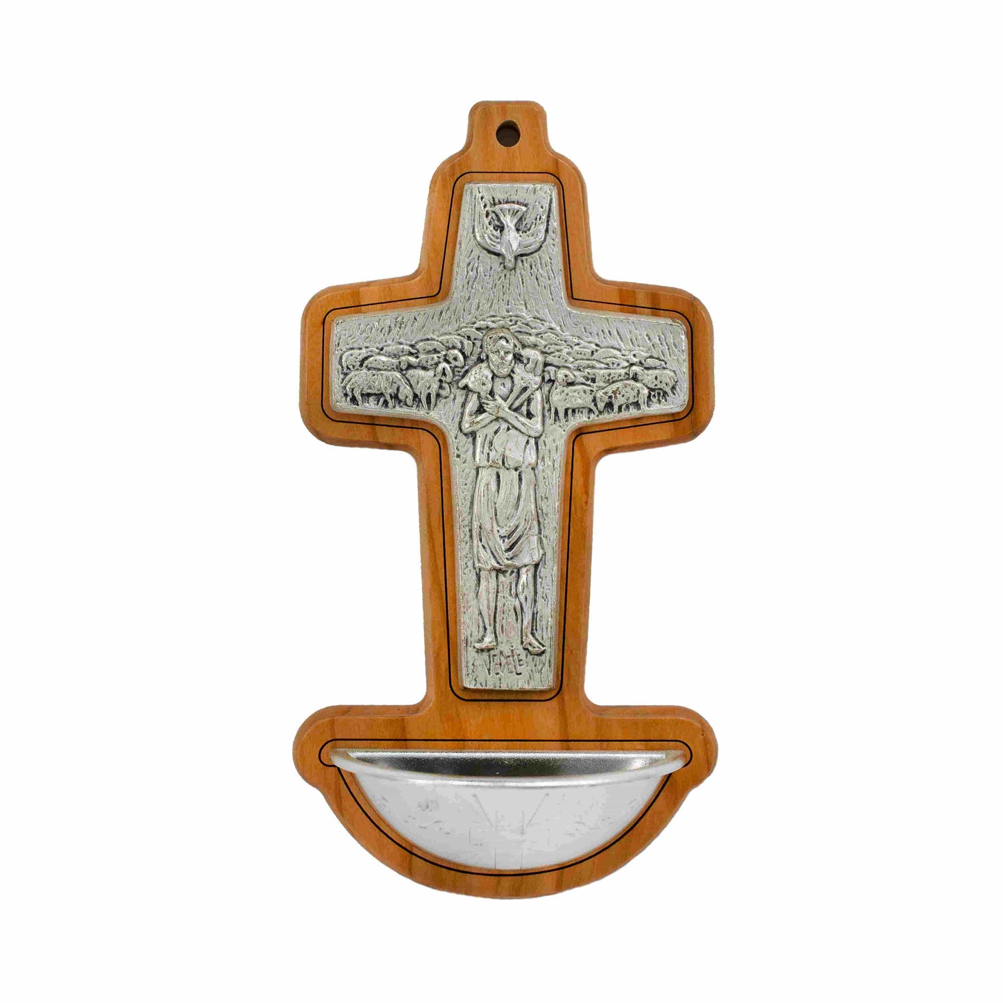MONDO CATTOLICO Wooden Holy Water Font Pope Francis's Good Shepherd Cross