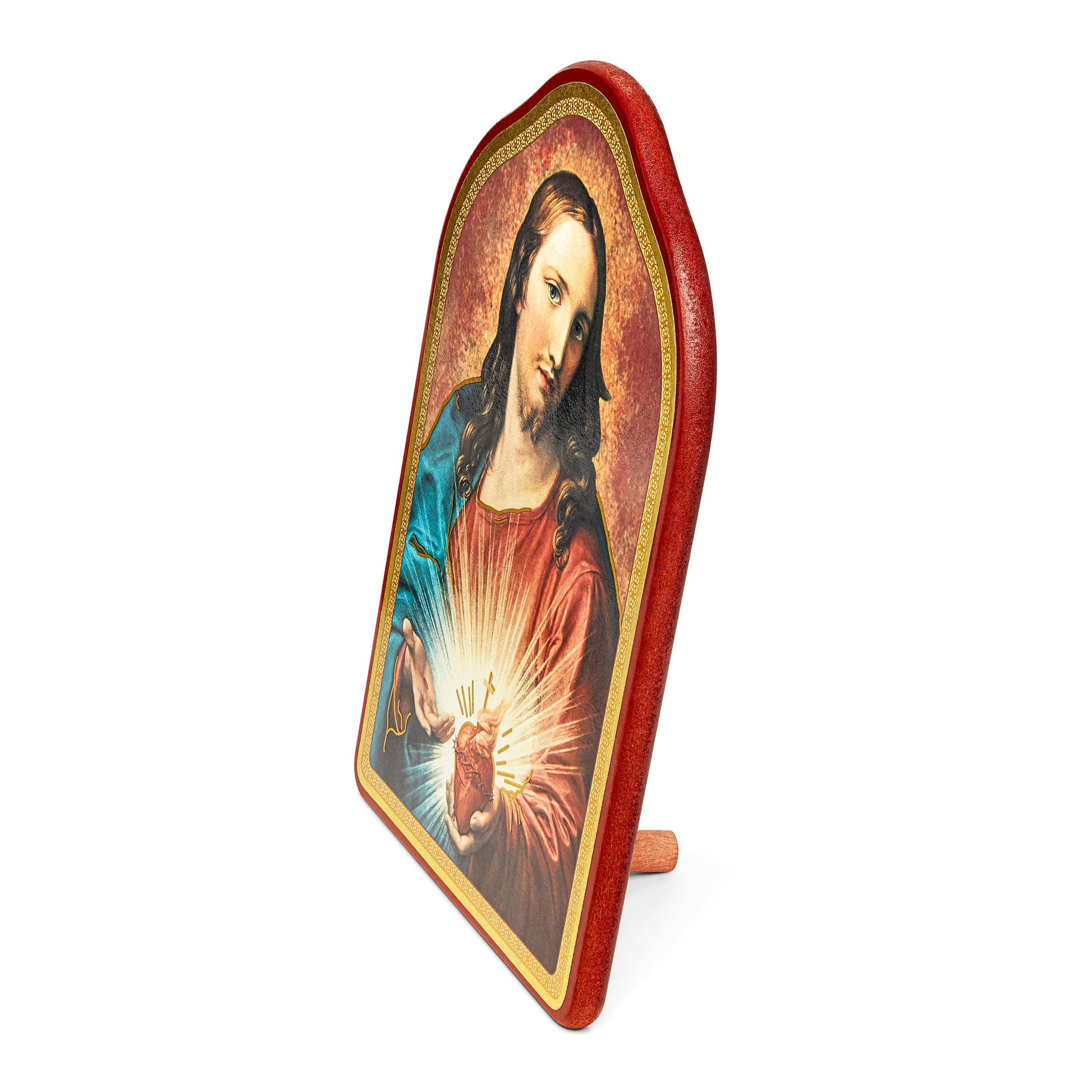 Mondo Cattolico 14.5x21 cm (5.71x8.27 in) Wooden Painting With Red Frame of Sacred Heart of Jesus