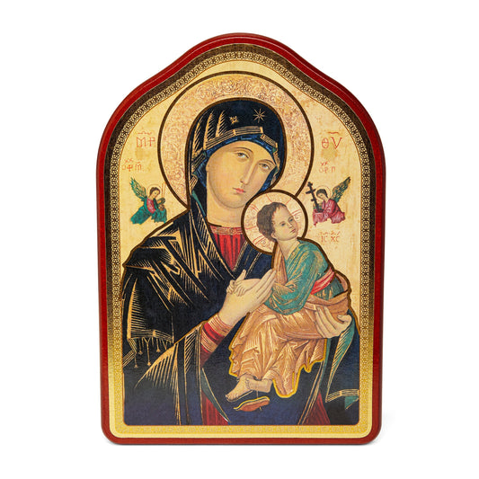 Mondo Cattolico 14.5x21 cm (5.71x8.27 in) Wooden Panel With Red Frame of Our Lady of Perpetual Help