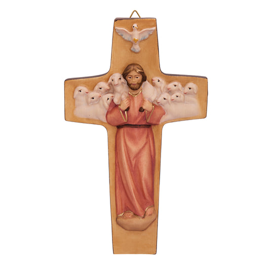 MONDO CATTOLICO ROMA Cross 12 x 20 mm (0.47 x 0.79 in) Wooden Pope Francis Good Shepherd Cross with Red Robe