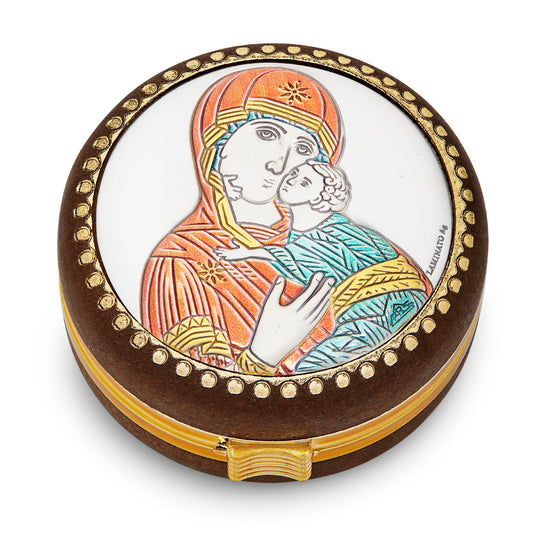 Mondo Cattolico Rosary Box Wooden Rosary Box of the Virgin of Vladimir With Metal Plaque and Colorful Details