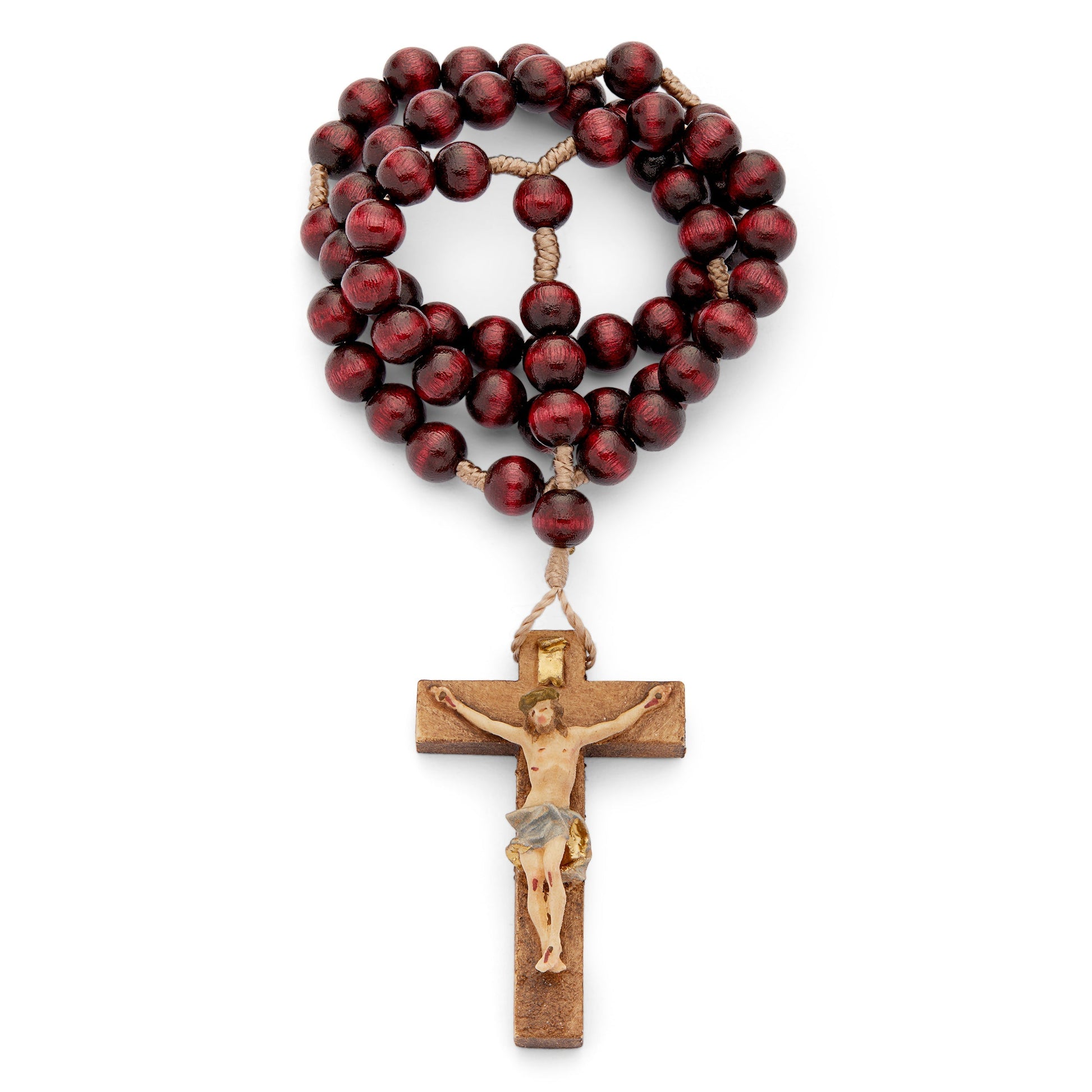 MONDO CATTOLICO Prayer Beads 34 cm (13.38 in) / 7 mm (0.27 in) Wooden Rosary in Rope with Handpainted Crucifix