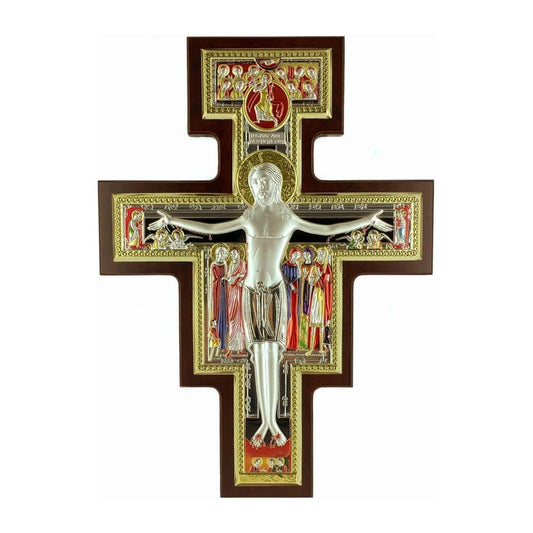 MONDO CATTOLICO Wooden San Damiano Crucifix With Colorful Sterling Silver Plaque