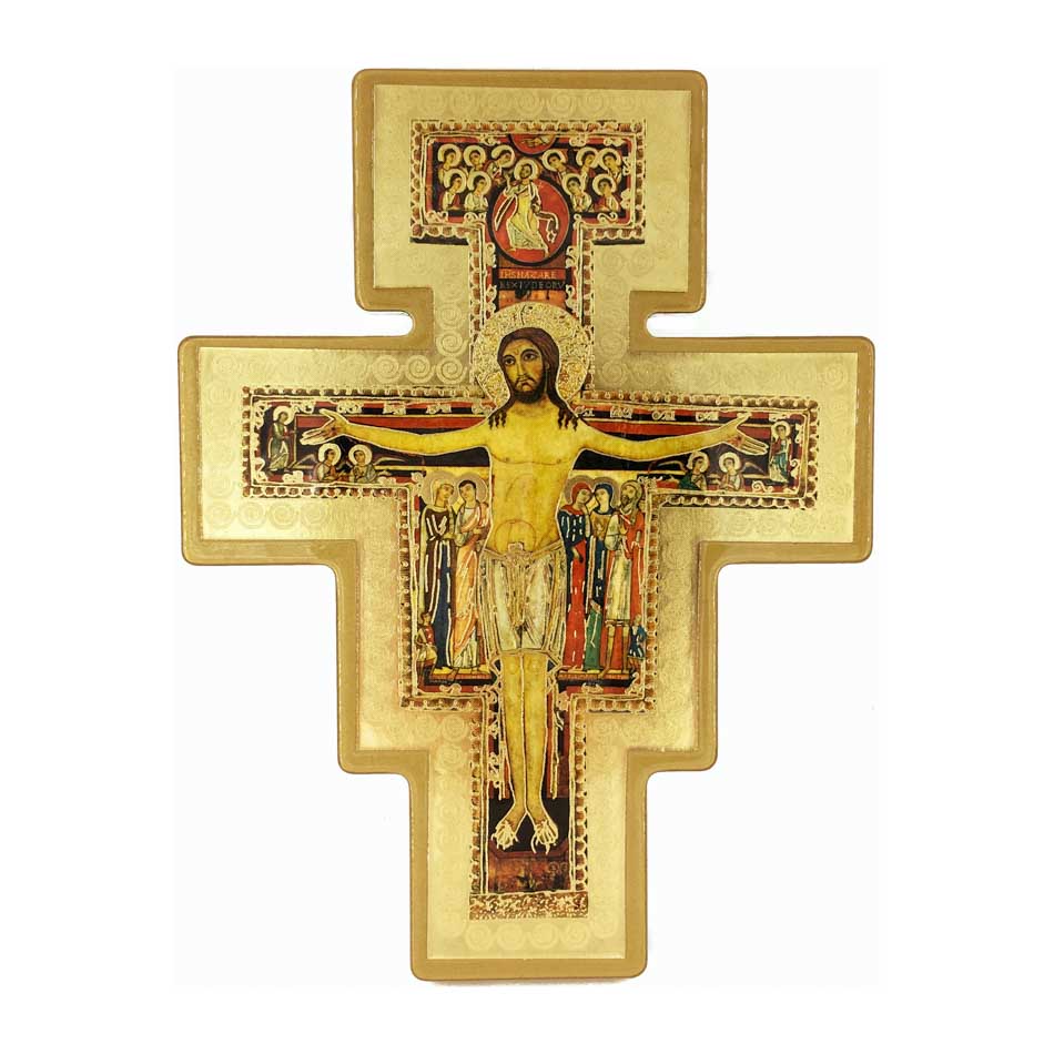 MONDO CATTOLICO 18 cm (7.09 in) Wooden San Damiano Crucifix With Gold Details and Outline