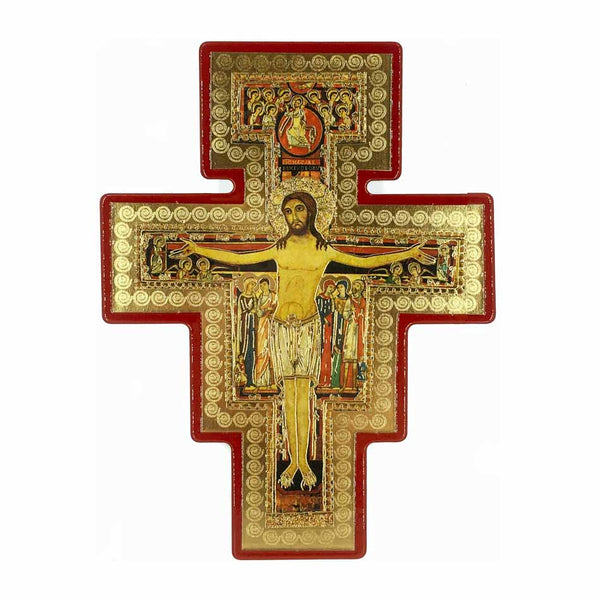 Wooden San Damian Crucifix with Gold Details and Red Outline