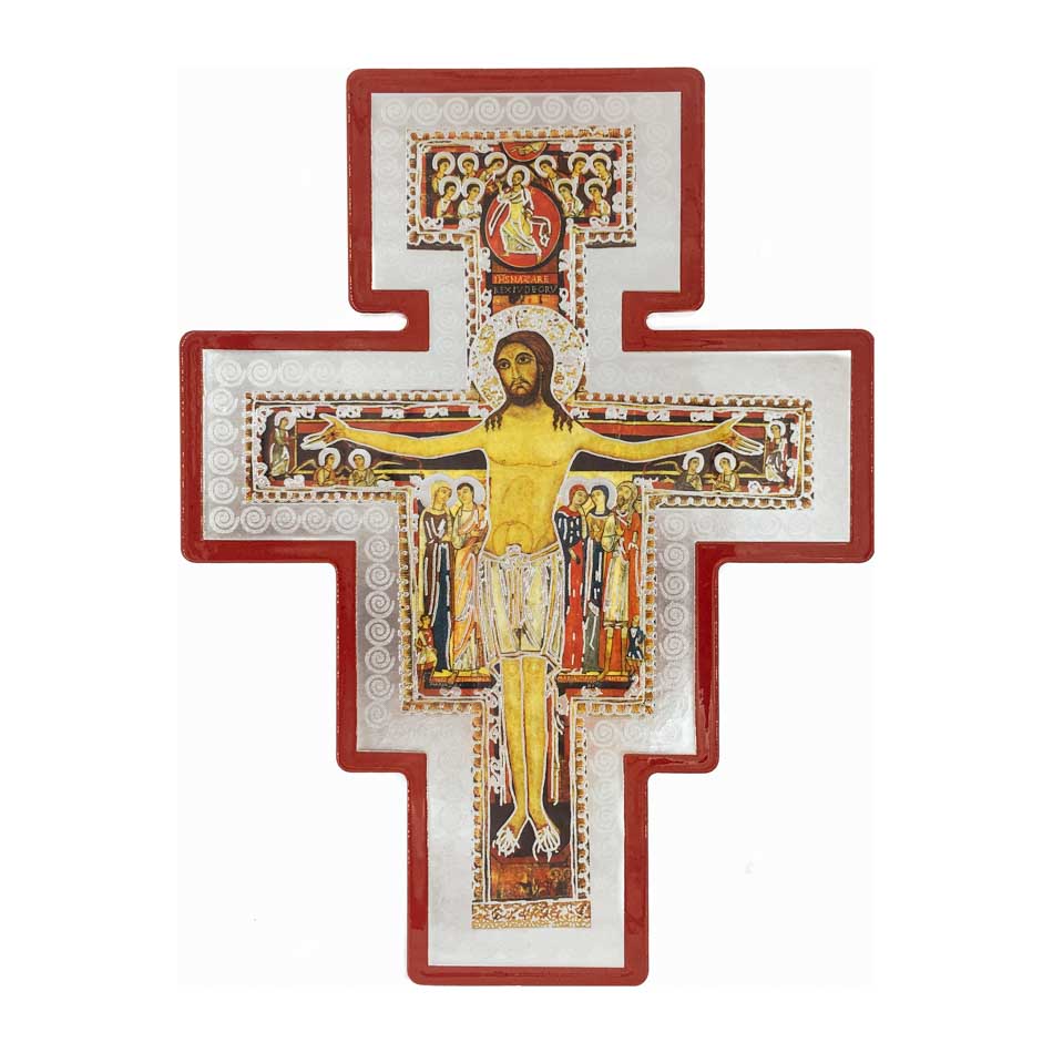 MONDO CATTOLICO 25 cm (9.84 in) Wooden San Damiano Crucifix With Silver Details and Red Outline