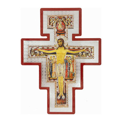 MONDO CATTOLICO 25 cm (9.84 in) Wooden San Damiano Crucifix With Silver Details and Red Outline