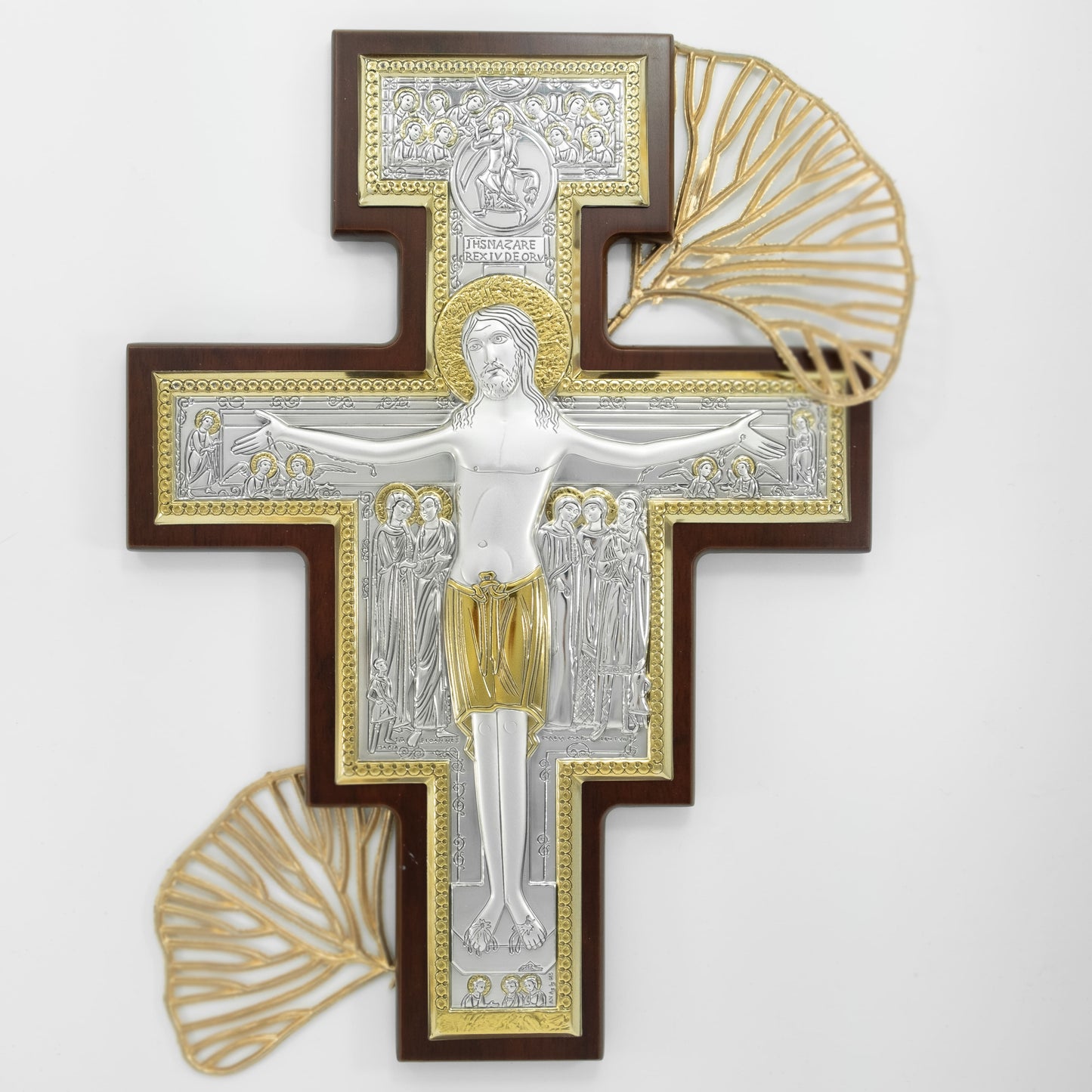 MONDO CATTOLICO Wooden San Damiano Crucifix With Sterling Silver Plaque and Gold Details
