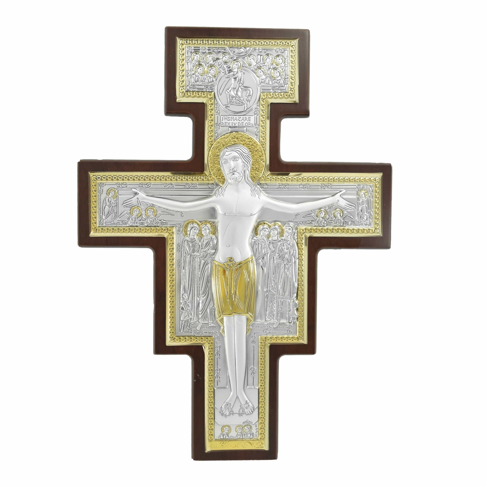 MONDO CATTOLICO Wooden San Damiano Crucifix With Sterling Silver Plaque and Gold Details