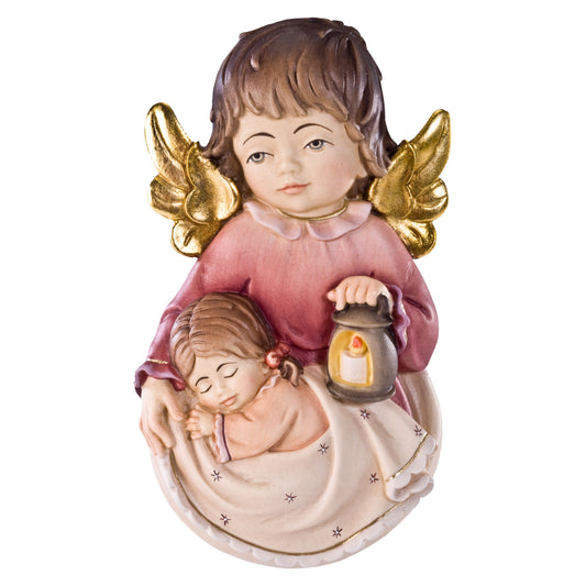 Mondo Cattolico Colored / 8 cm (3.1 in) Wooden statue of Guardian angel to hang with girl