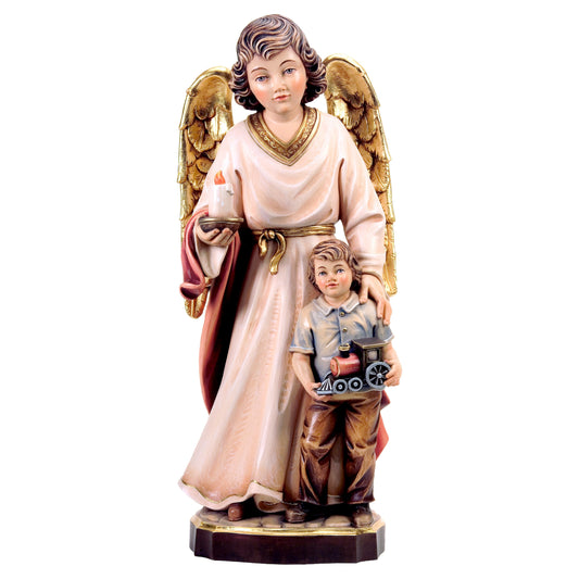 Mondo Cattolico Colored / 10 cm (3.9 in) Wooden statue of Guardian angel with boy