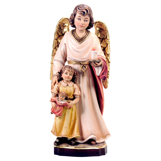 Mondo Cattolico Colored / 10 cm (3.9 in) Wooden statue of Guardian angel with girl
