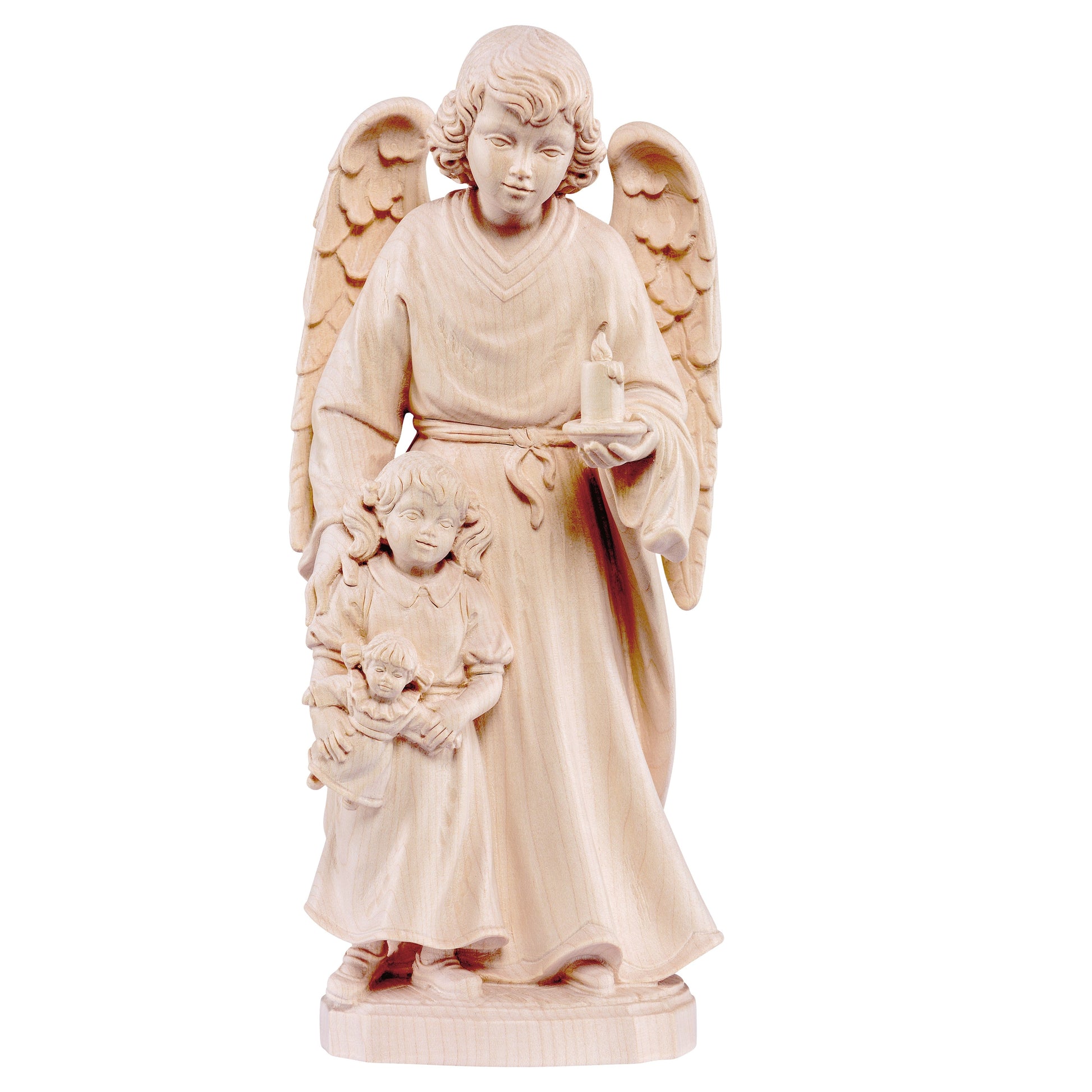 Mondo Cattolico Natural / 10 cm (3.9 in) Wooden statue of Guardian angel with girl