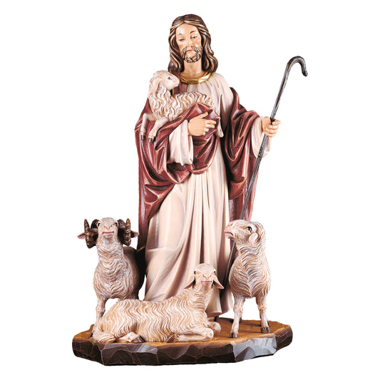 MONDO CATTOLICO Colored / 30 cm (11.8 in) Wooden statue of Jesus shepherd with sheep