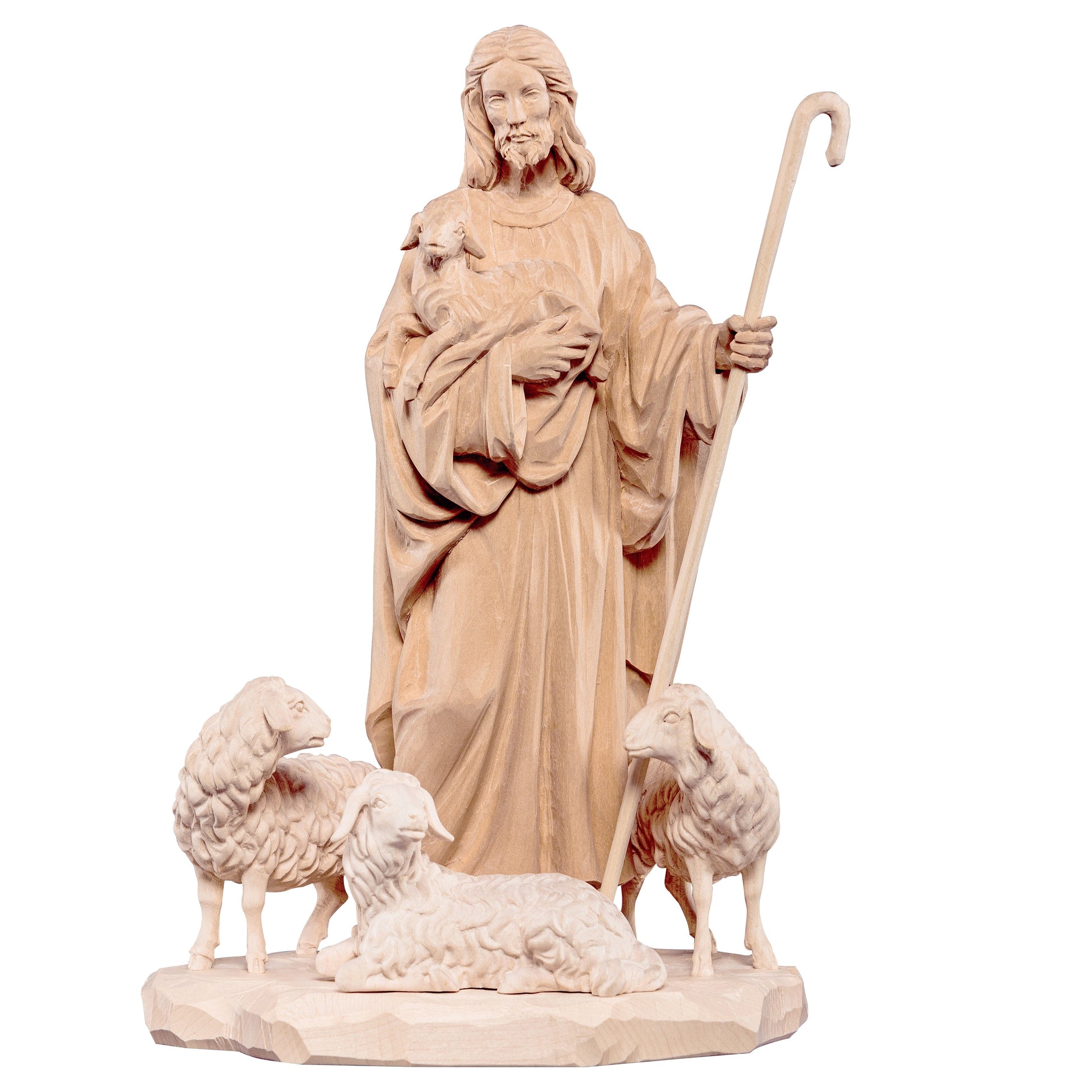 MONDO CATTOLICO Natural / 30 cm (11.8 in) Wooden statue of Jesus shepherd with sheep