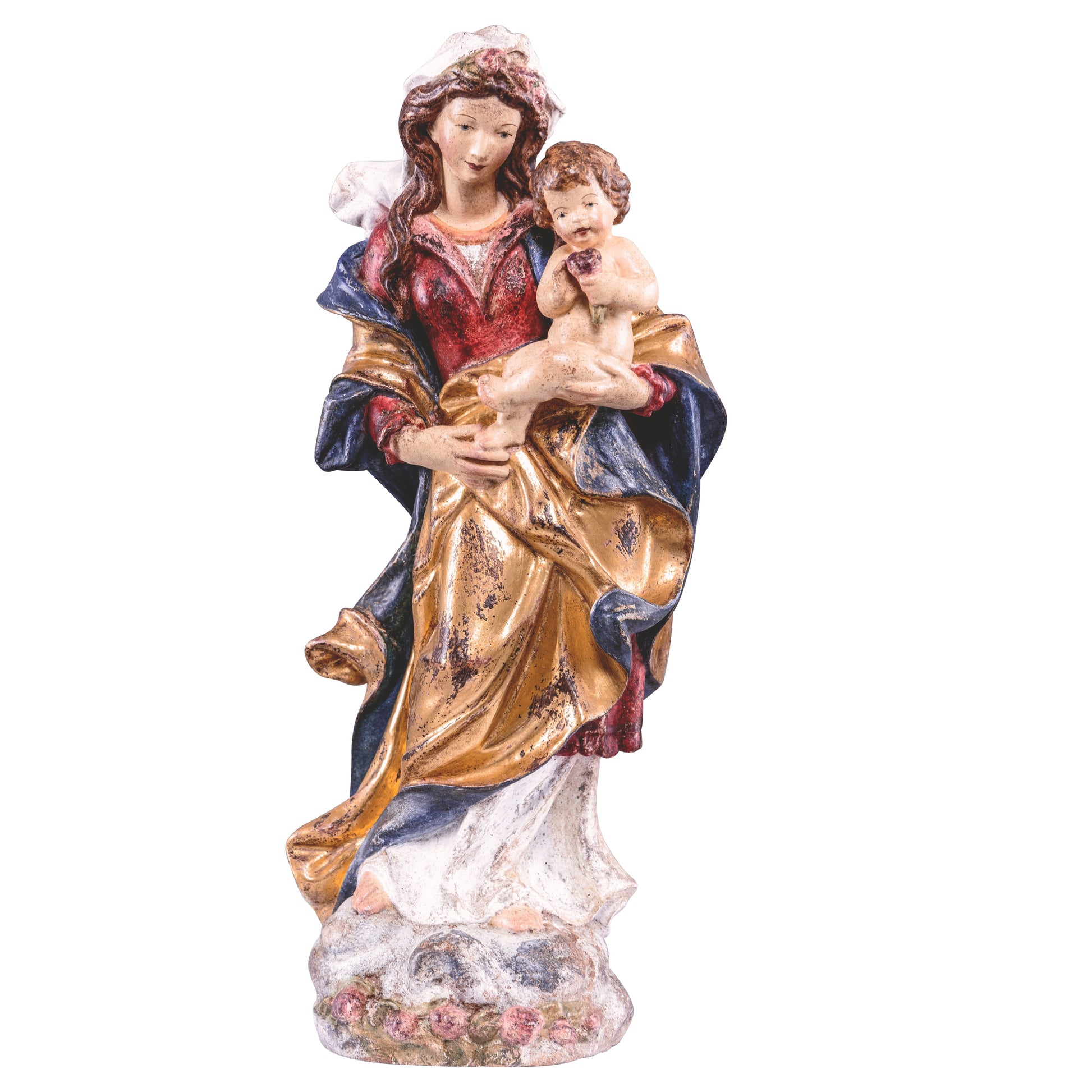 MONDO CATTOLICO Golden / 30 cm (11.8 in) Wooden statue of Madonna of roses