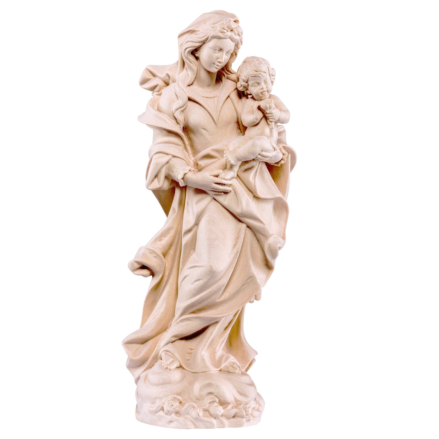 Mondo Cattolico Natural / 15 cm (5.9 in) Wooden statue of Madonna of roses