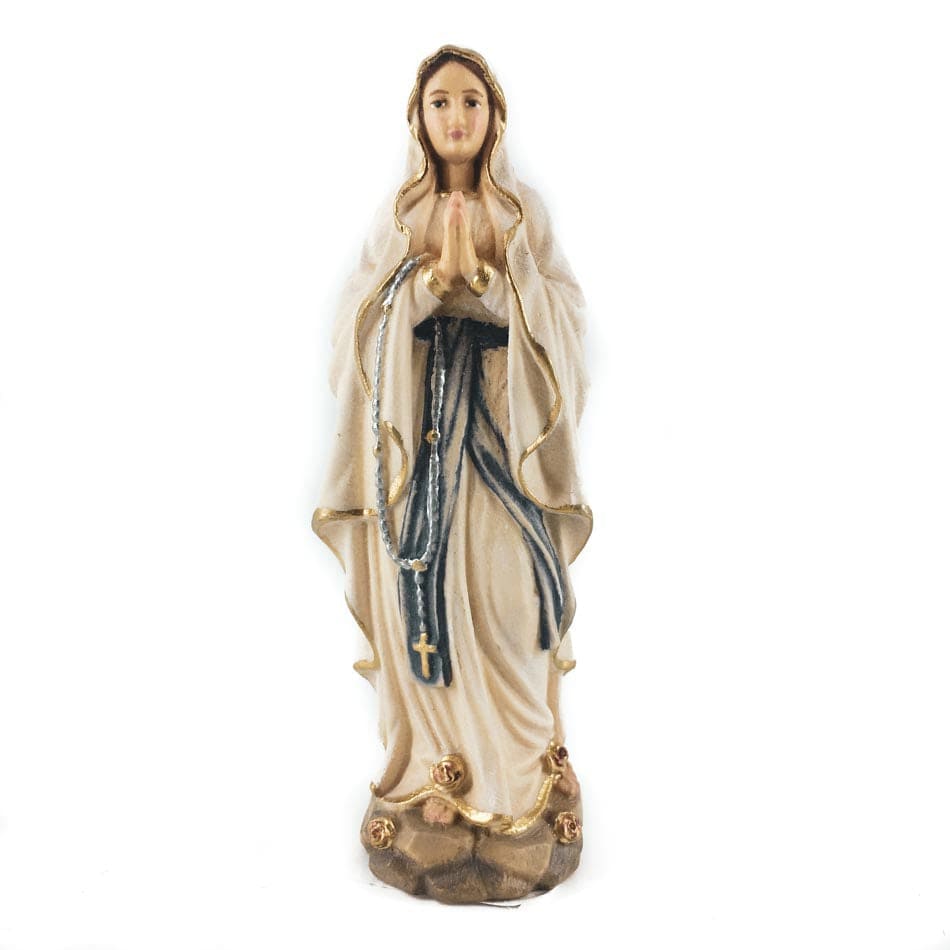 MONDO CATTOLICO 9.5 cm (3.74 in) Wooden Statue of Our Lady of Lourdes With Roses on Her Feet