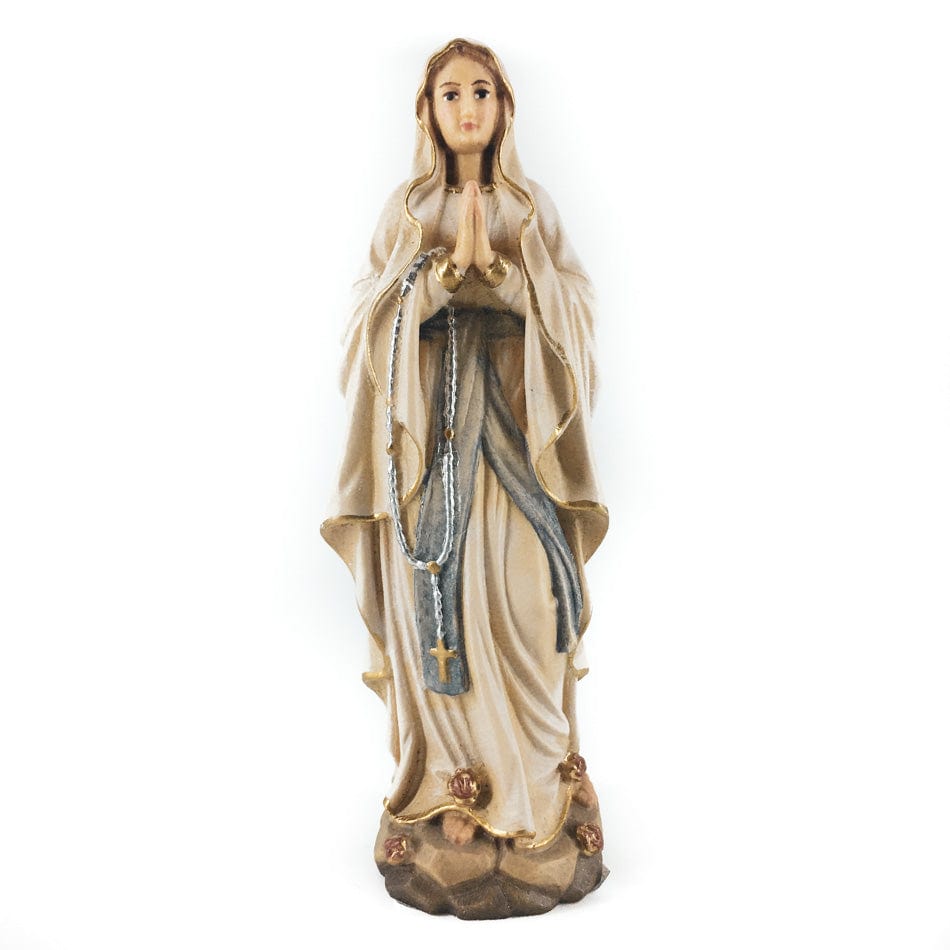 MONDO CATTOLICO 12 cm (4.72 in) Wooden Statue of Our Lady of Lourdes With Roses on Her Feet