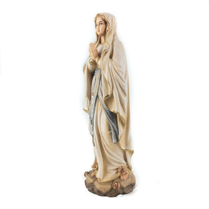 MONDO CATTOLICO Wooden Statue of Our Lady of Lourdes With Roses on Her Feet