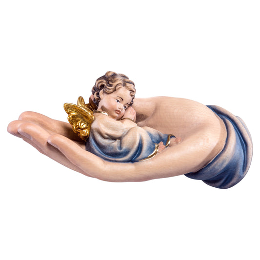 Mondo Cattolico Colored / 7 cm (2.8 in) Wooden statue of Protecting hand lying with angel blue