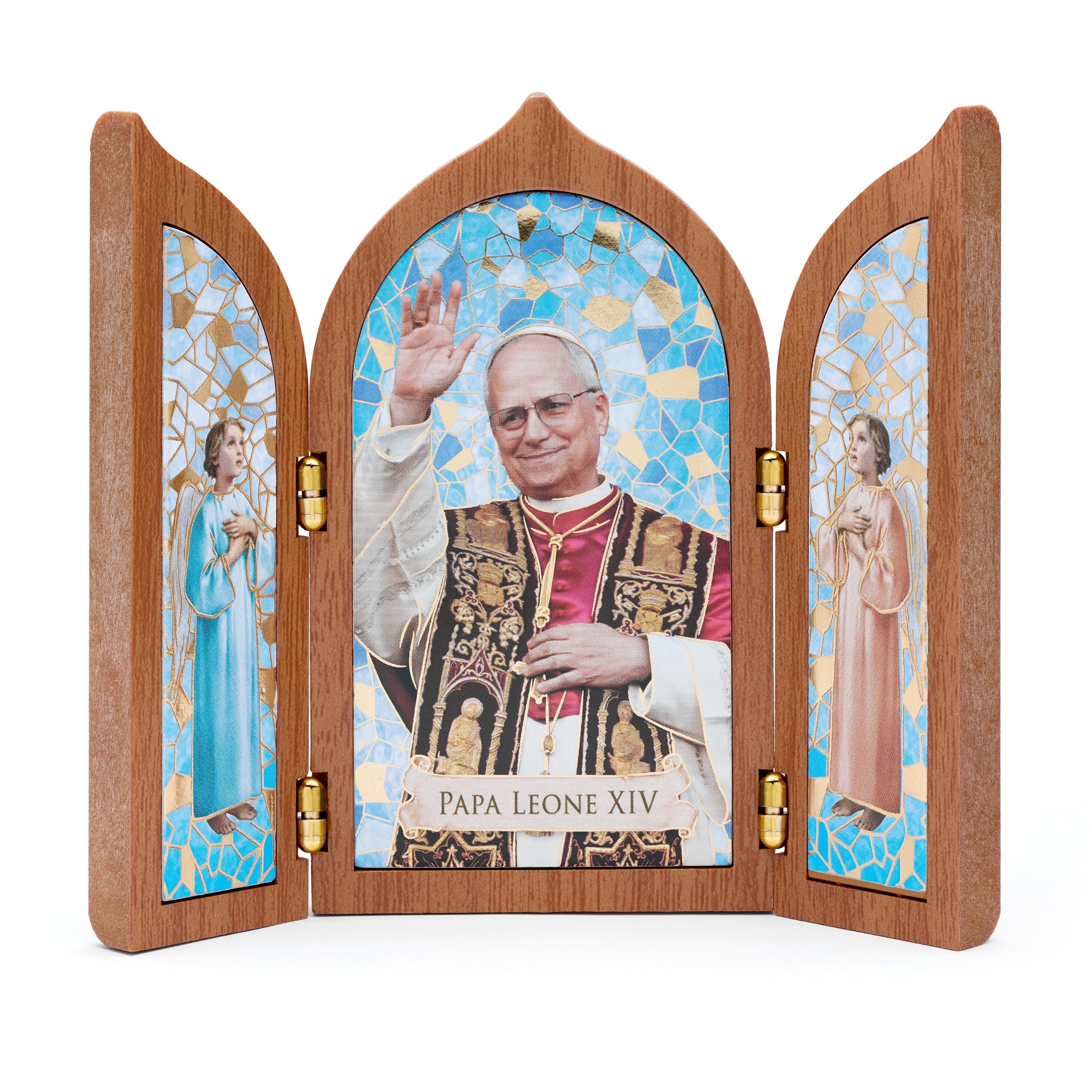 Wooden Triptych of Pope Leo XIV and Angels | MONDO CATTOLICO