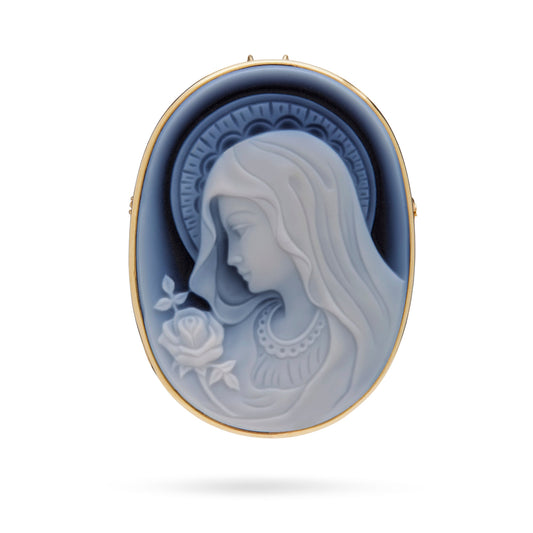 Mondo Cattolico Pendant 40x30 mm (1.57x1.18 in) Yellow Gold Brooch and Pendant With Black Agate Cameo Portraying the Virgin Mary With a Rose