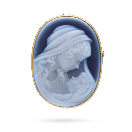 Mondo Cattolico Pendant 40x30 mm (1.57x1.18 in) Yellow Gold Brooch and Pendant With Black Agate Cameo Portraying the Virgin Mary With Baby Jesus