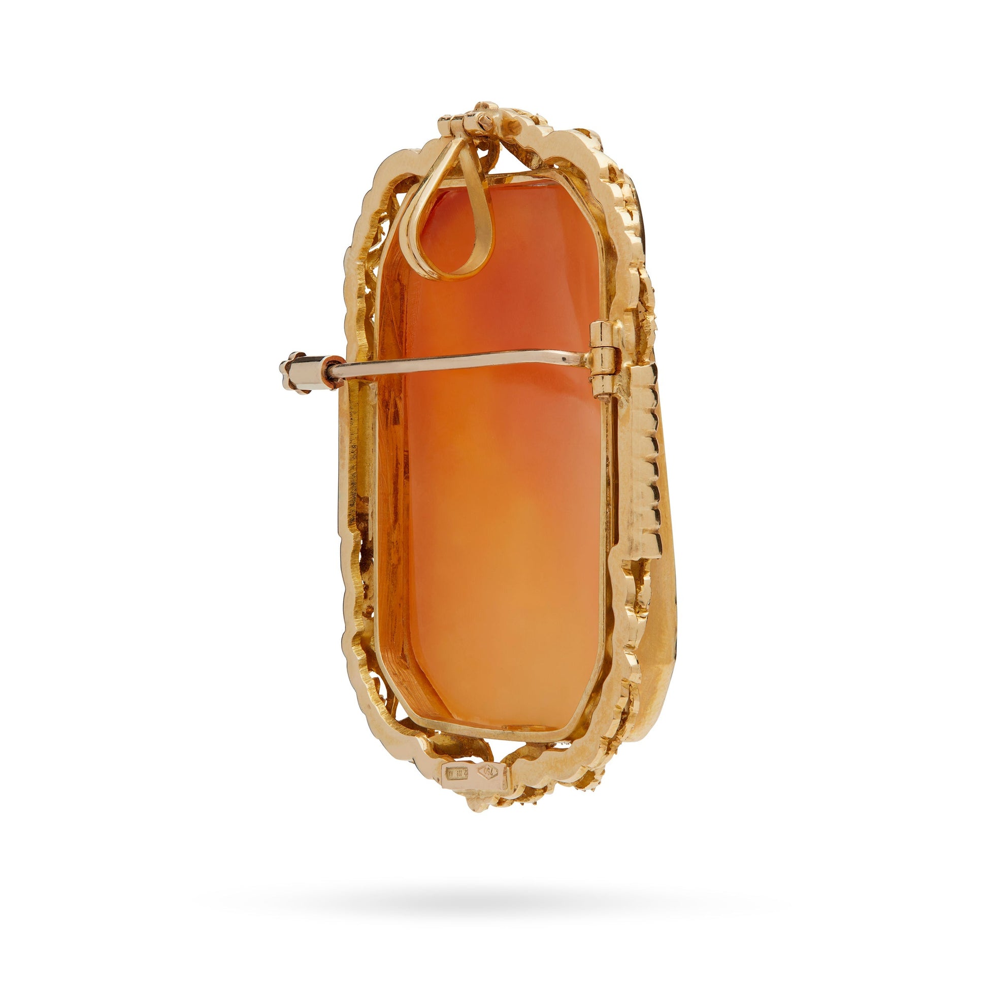 Mondo Cattolico Jewelry Yellow Gold Brooch and Pendant With Cameo Portraying a Woman and Worked Frame