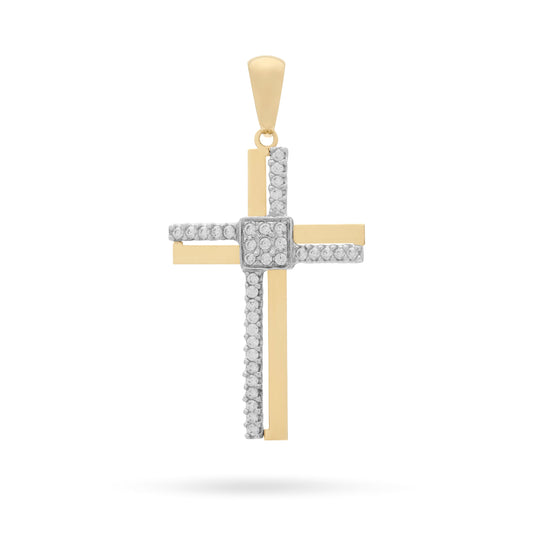 Mondo Cattolico Yellow Gold Double Cross Pendant With White Gold and Cubic Zirconia