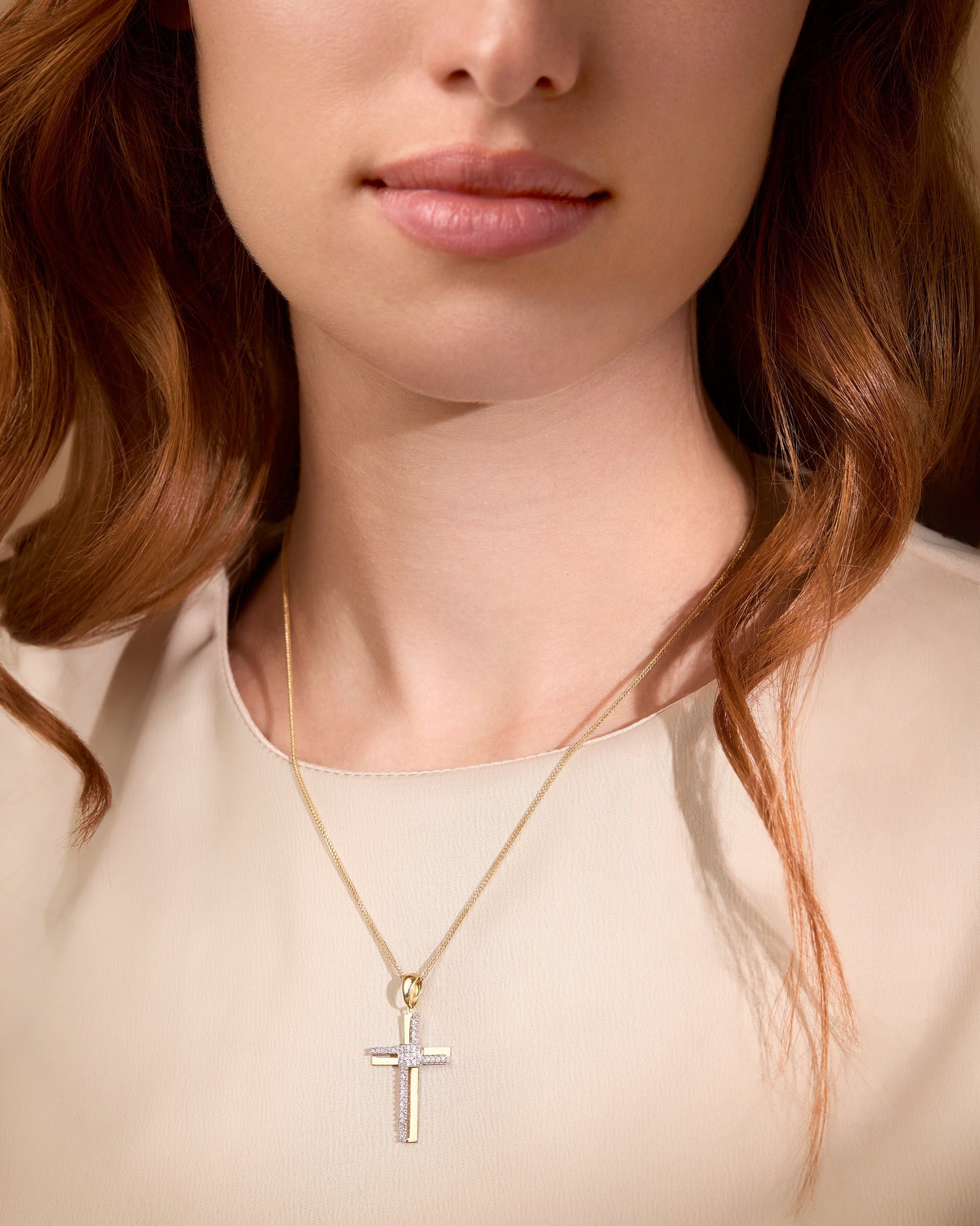 Mondo Cattolico Pendant 30 mm (1.18 in) Yellow Gold Double Cross Pendant With White Gold and Cubic Zirconia