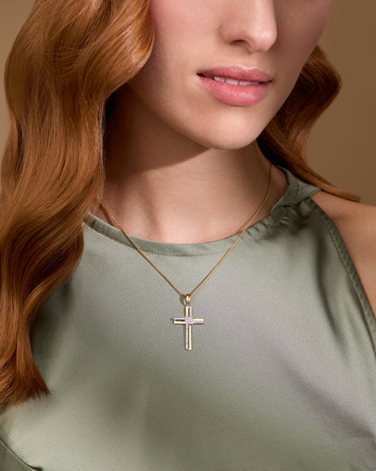 Mondo Cattolico Pendant 30 mm (1.18 in) Yellow Gold Double Cross Pendant With White Gold and Cubic Zirconia