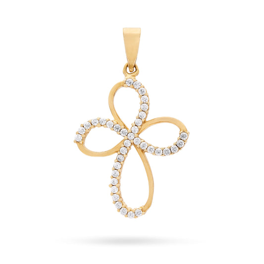 Mondo Cattolico Pendant 23 mm (0.91 in) Yellow Gold Fine Bow Cross With Cubic Zirconia