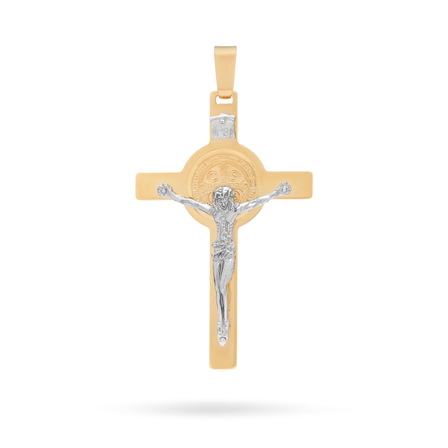 Mondo Cattolico Pendant 50 mm (1.97 in) Yellow Gold Flat St. Benedict Crucifix Pendant With White Gold Corpus