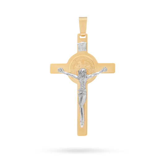 Mondo Cattolico Pendant 50 mm (1.97 in) Yellow Gold Flat St. Benedict Crucifix Pendant With White Gold Corpus