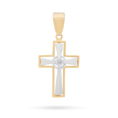 Mondo Cattolico Pendant 22 mm (0.87 in) Yellow Gold Hollow Cross Pendant With White Gold Inner Cross and Central Cubic Zirconia