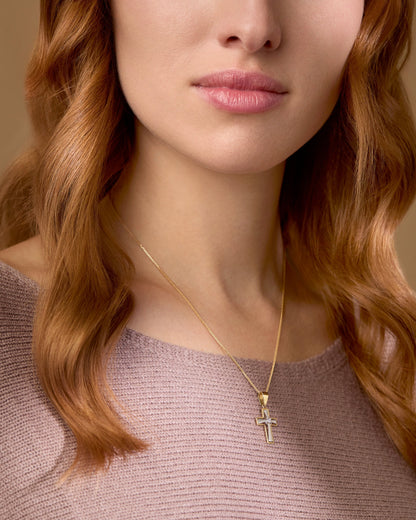 Mondo Cattolico Pendant 22 mm (0.87 in) Yellow Gold Hollow Cross Pendant With White Gold Inner Cross and Central Cubic Zirconia