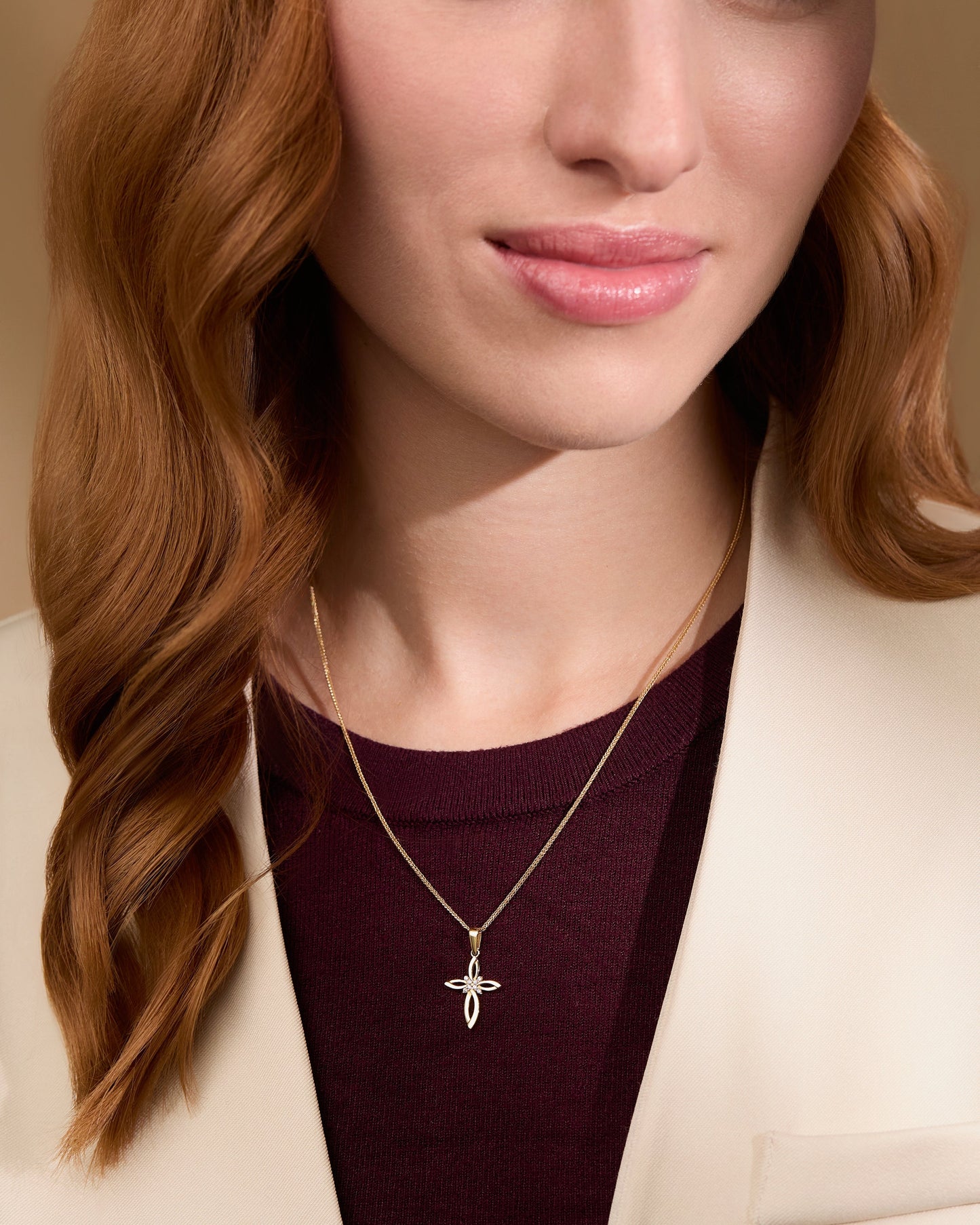 Mondo Cattolico Pendant 19 mm (0.75 in) Yellow Gold Hollow Flower Cross Pendant With Cubic Zirconia in the Center