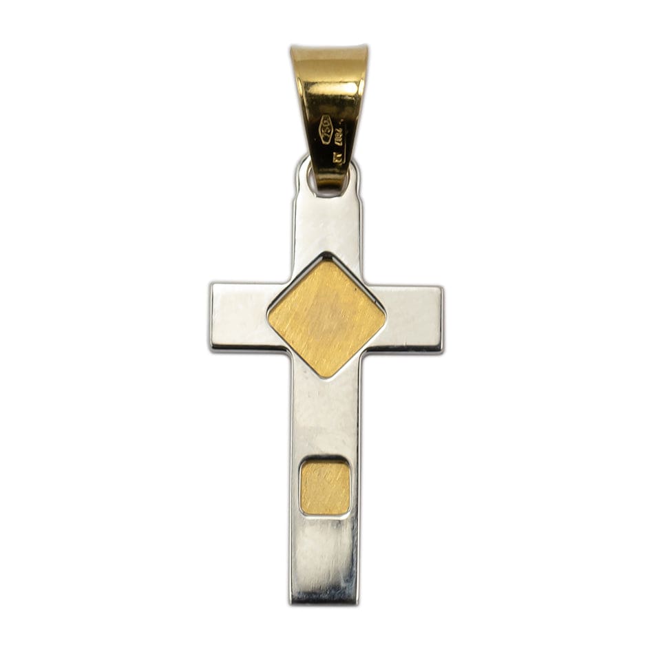 MONDO CATTOLICO Yellow Gold Latin Cross Pendant  with White Gold Decorations