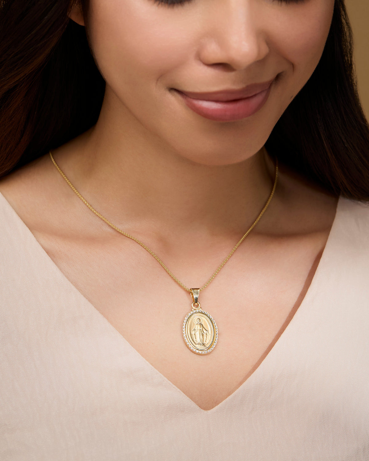 MONDO CATTOLICO ROMA Medal Yellow Gold Miraculous Medal with Cubic Zirconia and Smooth Bail