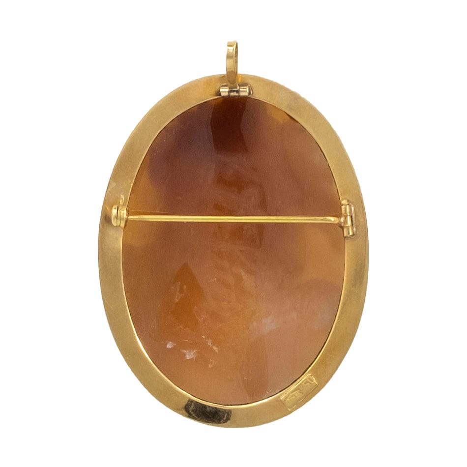 MONDO CATTOLICO Yellow Gold Pendant and Brooch Cameo Lady Profile and Harp