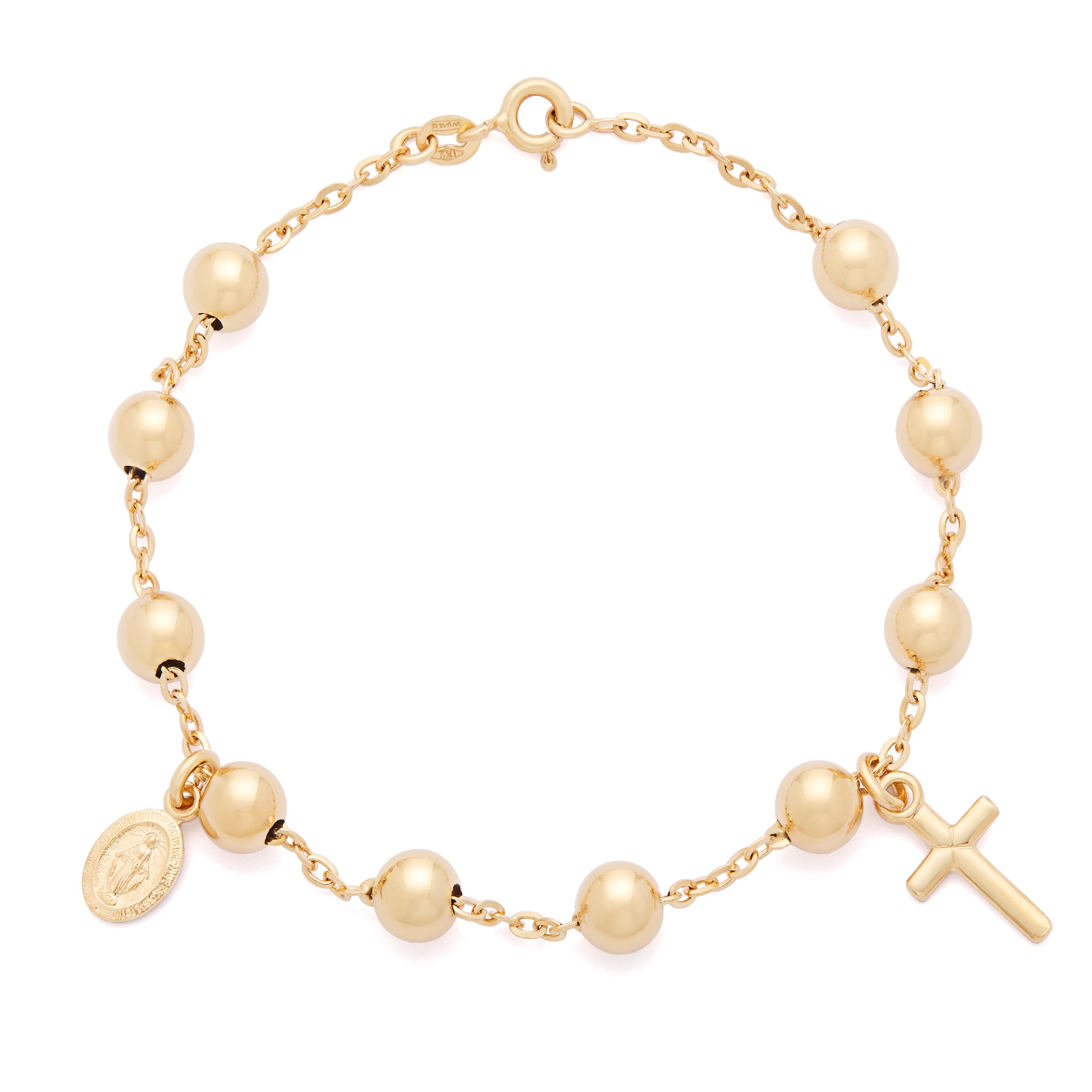 Yellow Gold Rosary Bracelet with Miraculous Medal and Cross Pendants